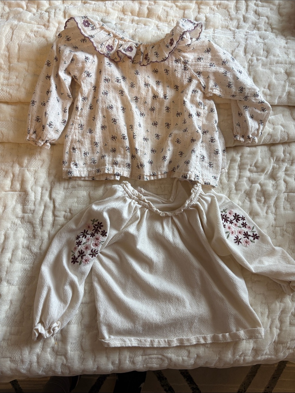 Kids Long-Sleeve Floral Peasant Top — Cream with Purple Accents